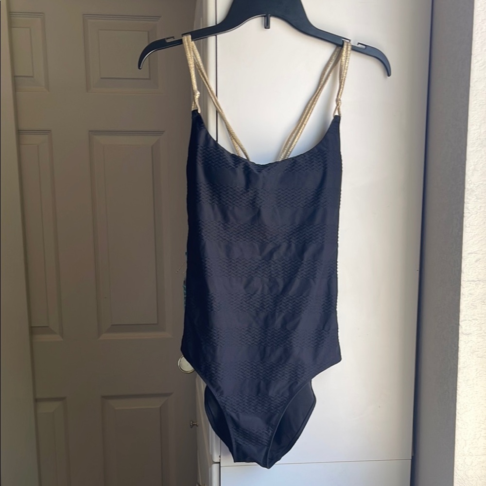 Aerie Black One-Piece Swimsuit with Gold Straps